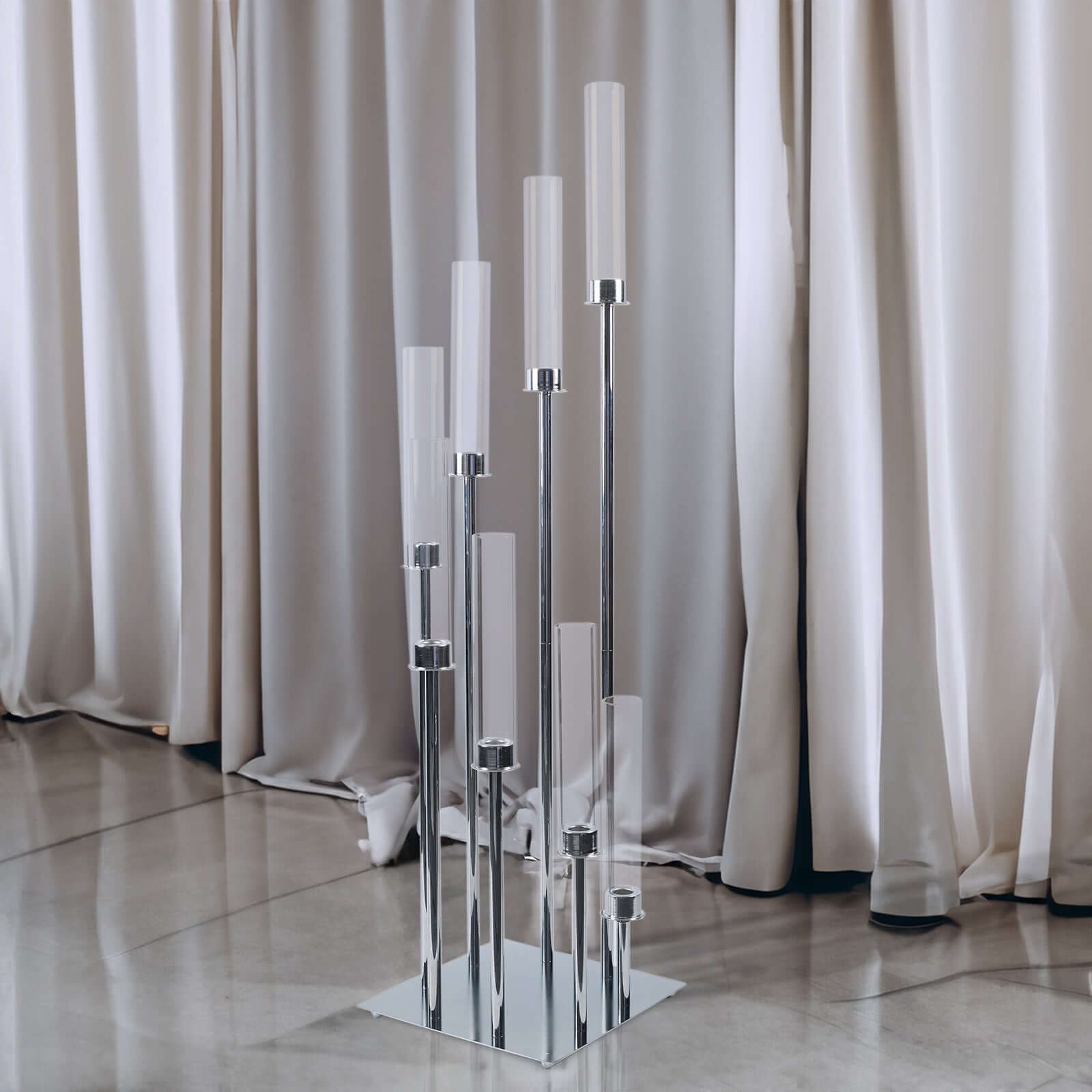 8 Arm Cluster Taper Candle Holder 42" Silver With Clear Glass Shades - Large Candle Arrangement